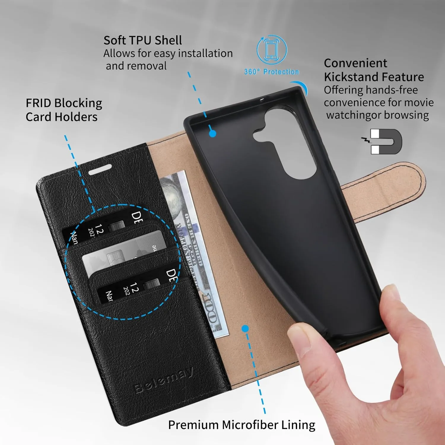 Belemay Wallet Case for Samsung Galaxy S25, Durable Genuine Leather [Scratch Resistant] RFID Blocking Card Holders, Shockproof TPU Shell, Kickstand, Protective Flip Folding Cover 6.2", Black