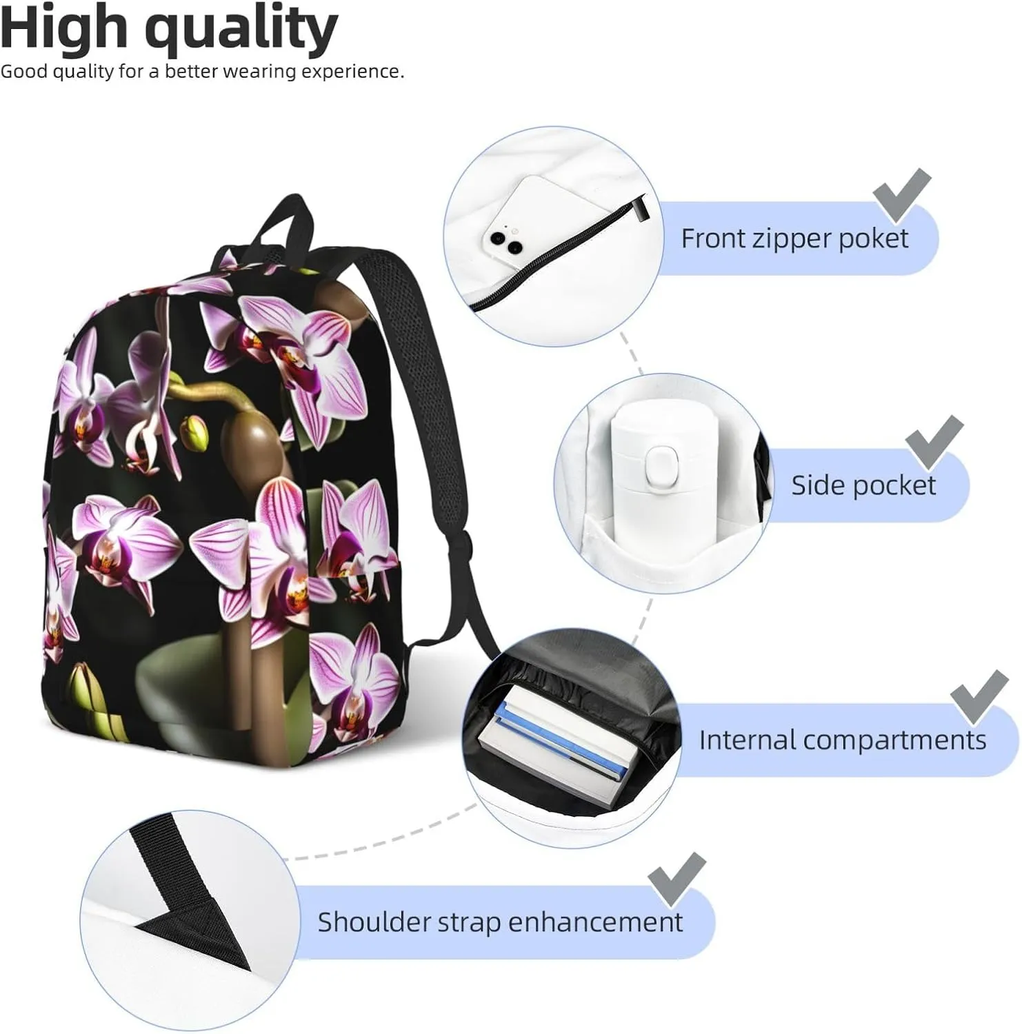 Bell Orchid Pattern Classic Style Backpacks Travel Bag For Men Women Lightweight Back Pack With Laptop Compartmen