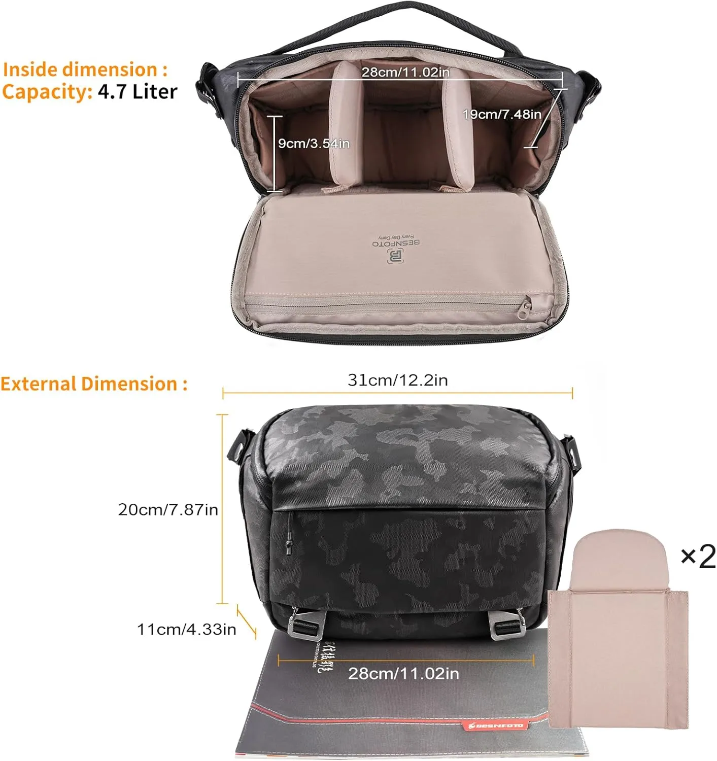 Besnfoto Camera Bag Small Crossbody Sling Bag Waterproof Travel Shoulder Bag Purse for DSLR SLR Mirrorless Camera