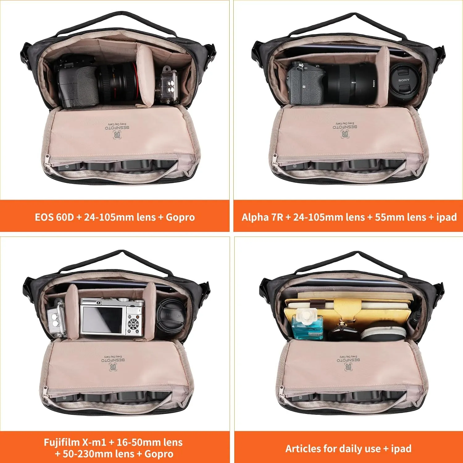 Besnfoto Camera Bag Small Crossbody Sling Bag Waterproof Travel Shoulder Bag Purse for DSLR SLR Mirrorless Camera