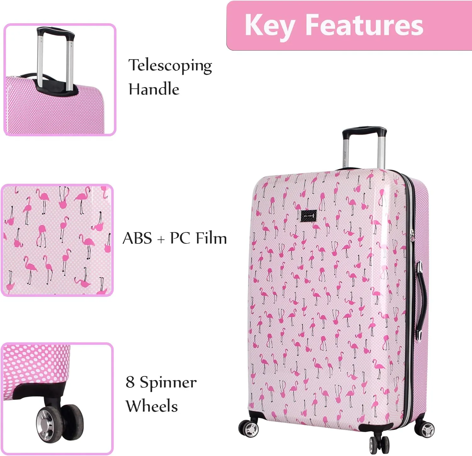 Betsey Johnson 26 Inch Checked Luggage Collection - Expandable Scratch Resistant (ABS   PC) Hardside Suitcase - Designer Lightweight Bag with 8-Rolling Spinner Wheels (Flamingo Strut)