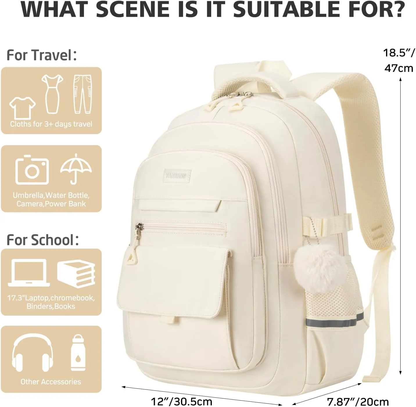 Big Student 17.3in Laptop Backpack for College Women Students, School Backpack Aesthetic Bookbag for Teen Girls Middle High School, Beige