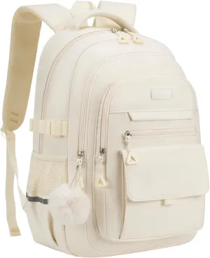 Big Student 17.3in Laptop Backpack for College Women Students, School Backpack Aesthetic Bookbag for Teen Girls Middle High School, Beige