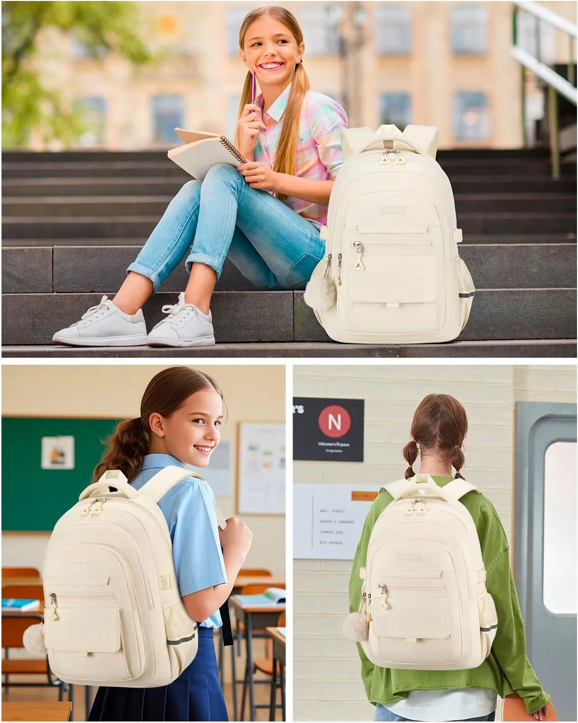 Big Student 17.3in Laptop Backpack for College Women Students, School Backpack Aesthetic Bookbag for Teen Girls Middle High School, Beige