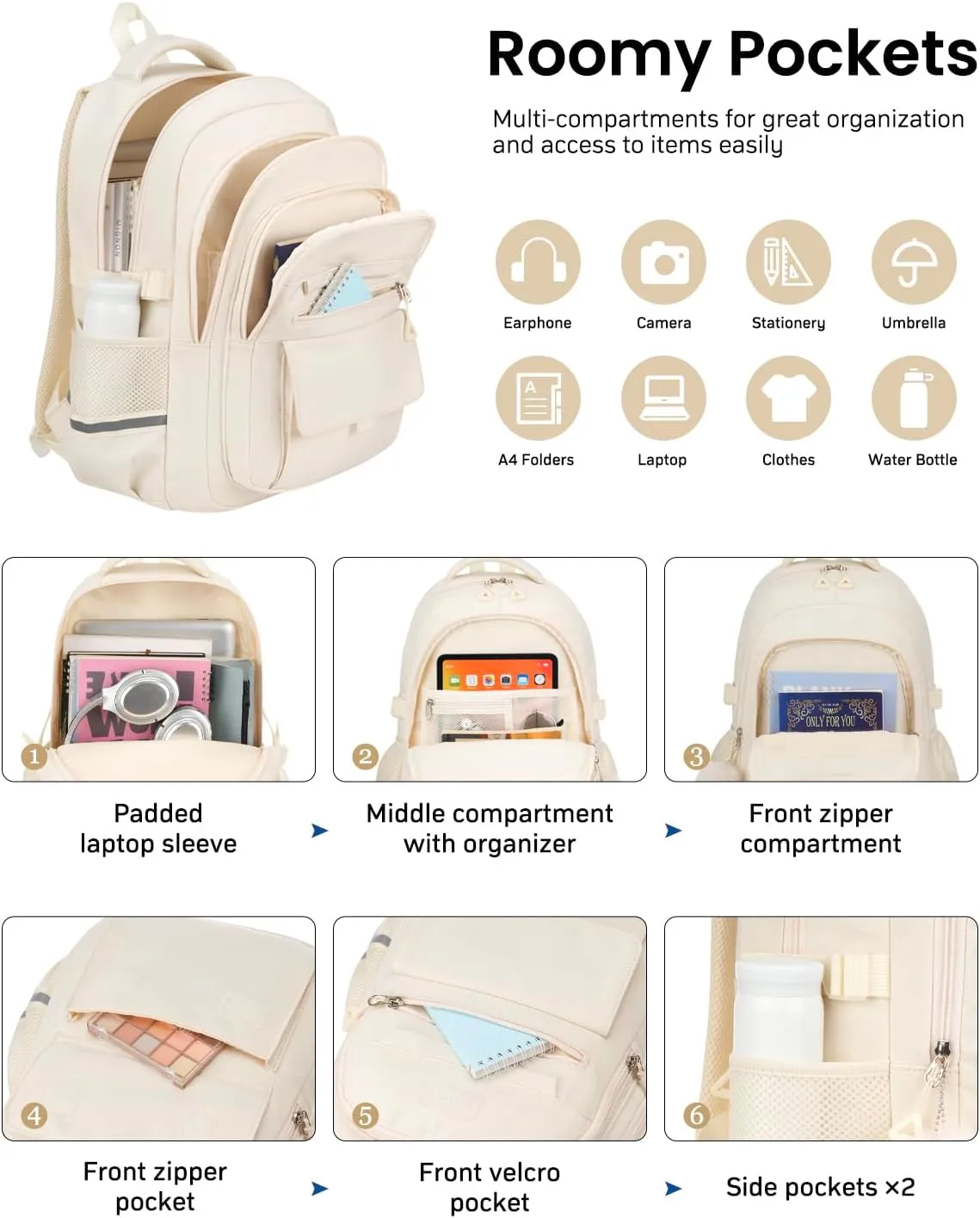 Big Student 17.3in Laptop Backpack for College Women Students, School Backpack Aesthetic Bookbag for Teen Girls Middle High School, Beige