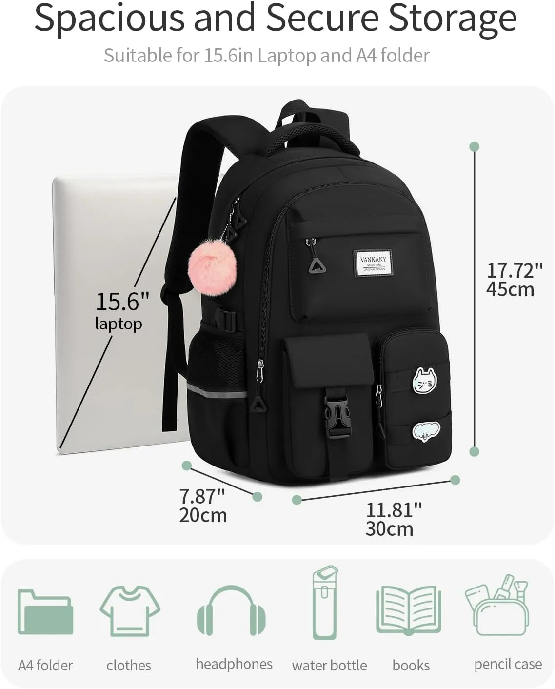 Big Student School Backpack, Black Laptop Backpack Teen Girls Cute College Bookbag for Women Middle High School Large Travel Back Pack