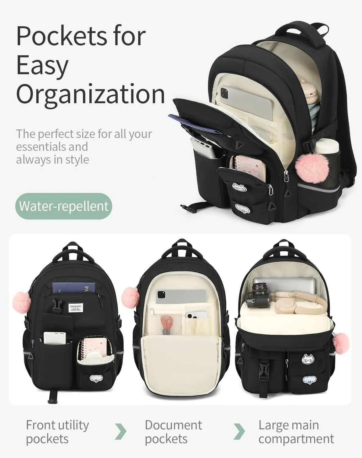 Big Student School Backpack, Black Laptop Backpack Teen Girls Cute College Bookbag for Women Middle High School Large Travel Back Pack