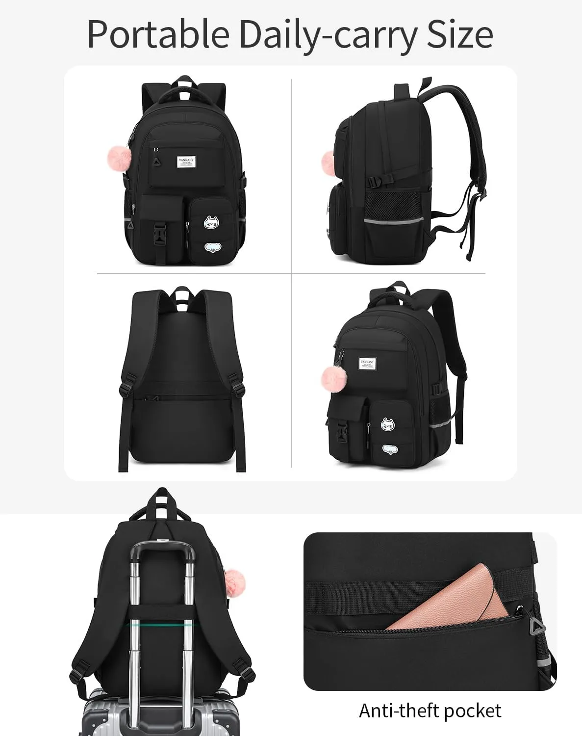Big Student School Backpack, Black Laptop Backpack Teen Girls Cute College Bookbag for Women Middle High School Large Travel Back Pack