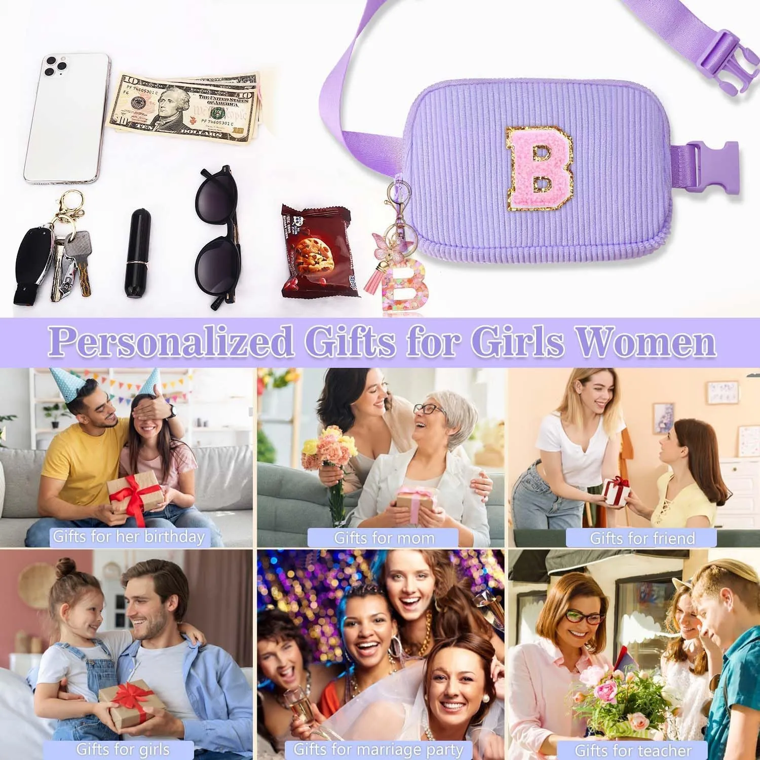 Birthday Gifts for Teenager Girls Kids - Personalized Belt Bag for Girls Women Fashion Waist Packs Trendy Travel Fanny Pack Crossbody Bags with with Initial Letter Patch Cute Stuff S