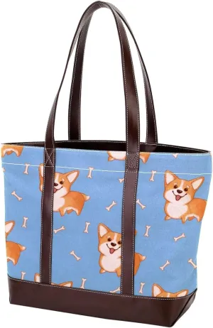 Blue Corgi Dog Fashion Leather Purse Bag for Women Top Handle Ladies Shoulder Bags with Pockets Zipper