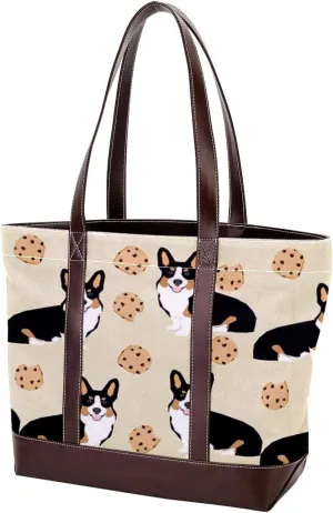 Blue Corgi Dog Fashion Leather Purse Bag for Women Top Handle Ladies Shoulder Bags with Pockets Zipper