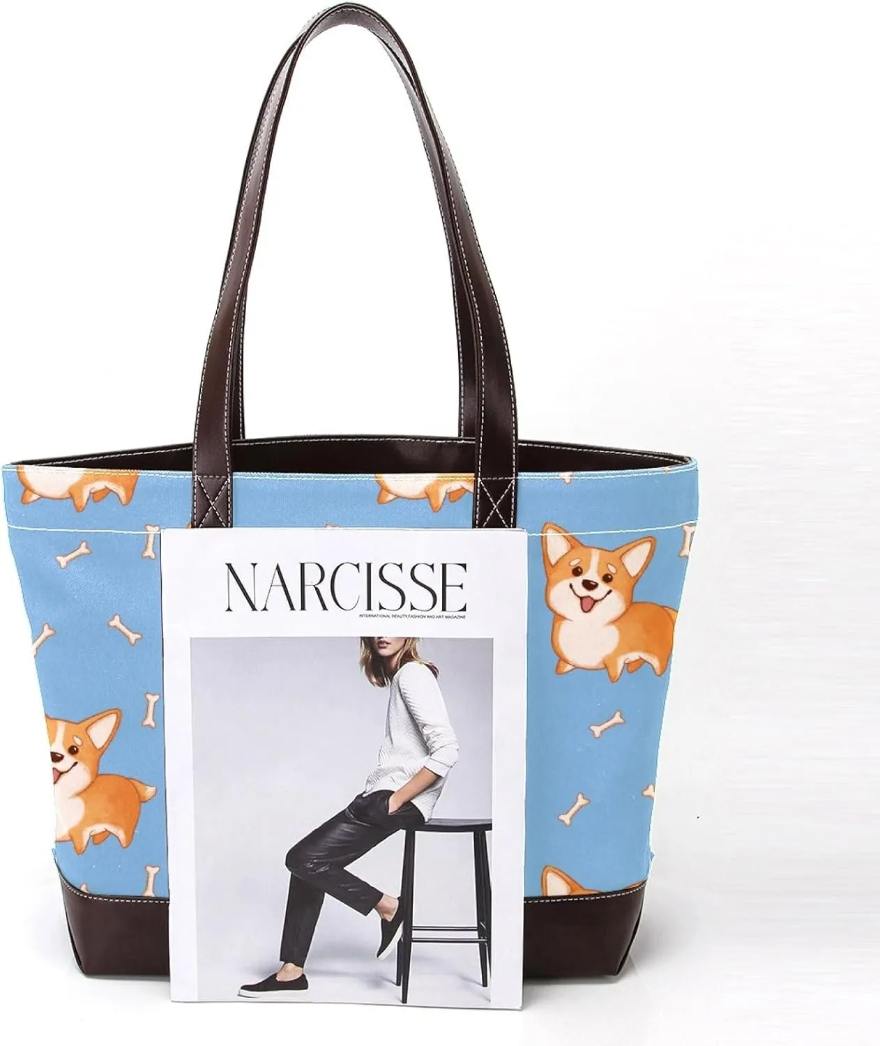 Blue Corgi Dog Fashion Leather Purse Bag for Women Top Handle Ladies Shoulder Bags with Pockets Zipper