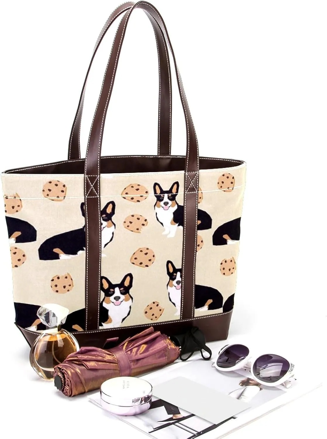 Blue Corgi Dog Fashion Leather Purse Bag for Women Top Handle Ladies Shoulder Bags with Pockets Zipper