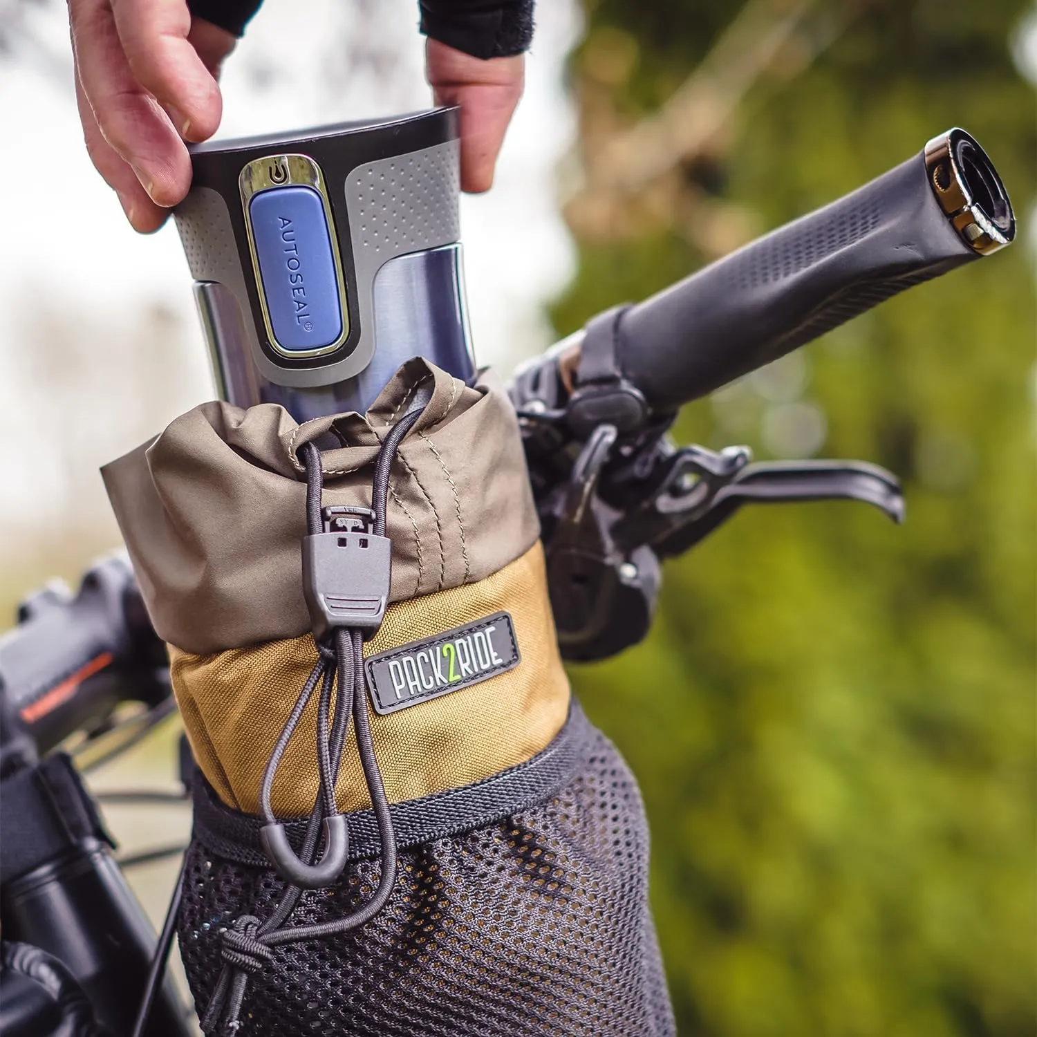 Bongo Bike Handlebar Bag - Water Resistant & Durable Fabric Bicycle Water Bottle Holder, Secure Attachment Bikepacking Stem Bag, Front Biking Storage, Bike Organizer for Cycling - Coyote