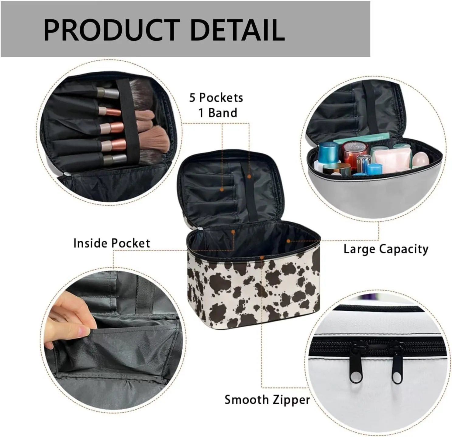 Brown Cow Spots Large Makeup Bags Pouches for Toiletry Travel Organizer, Cow Print Cosmetic Bags for Travel Essentials
