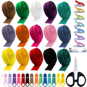 Bulk Sewing Supplies Kit: 45Yd #5 Nylon Coil Zippers (15 Colors) with 90 Metal Pulls, 30 Clips, Scissors & Ruler,Assorted Lengths for Bags, Apparel, Purse Crafting
