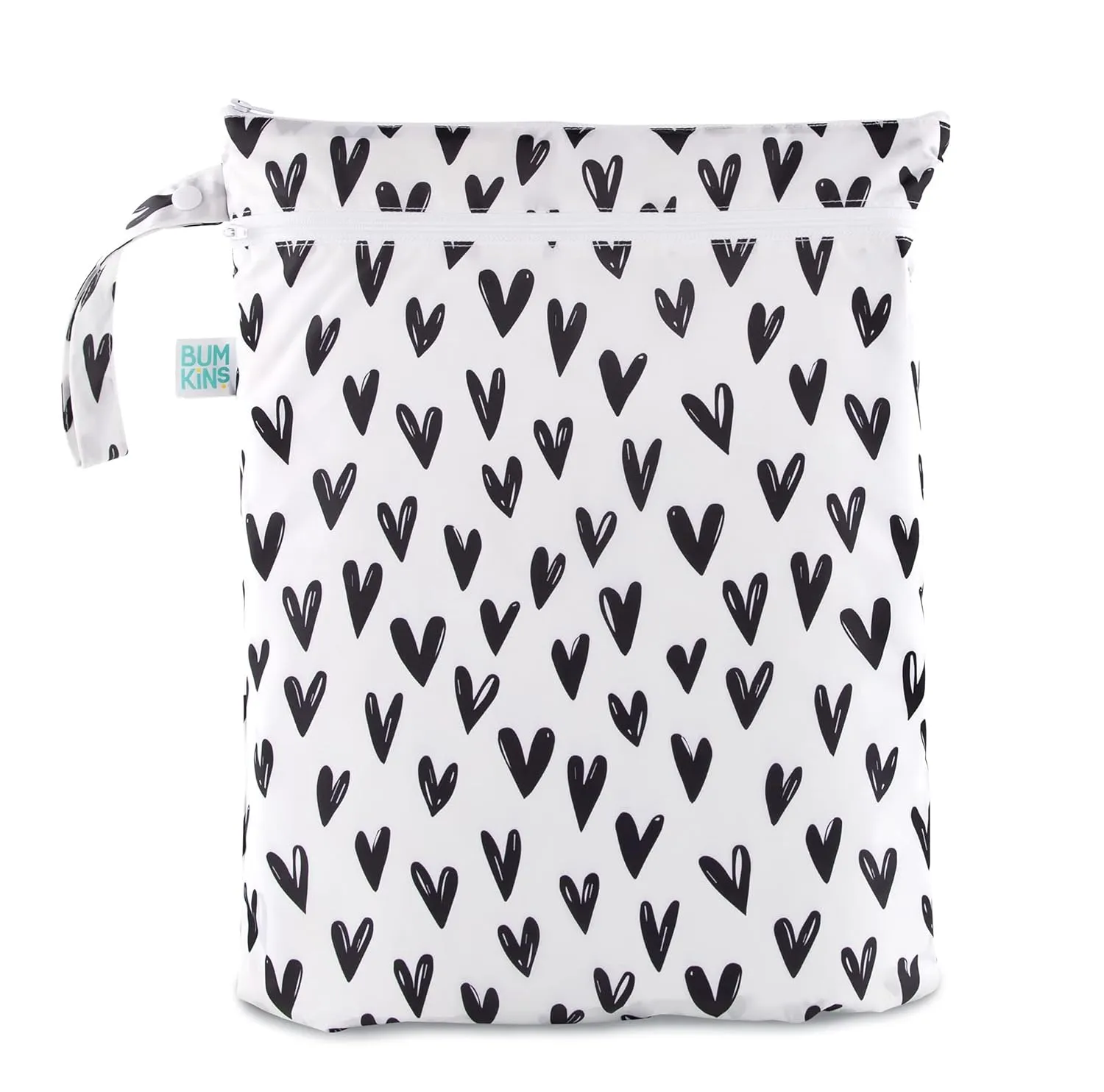 Bumkins Waterproof Wet Dry Bag for Baby, Travel, Swim Suit, Cloth Diapers, Pump Parts, Pool, Beach, Gym Clothes, Toiletry, Hook to Stroller, Daycare, Zipper Reusable Wetdry Packing Pouch, Black Hearts