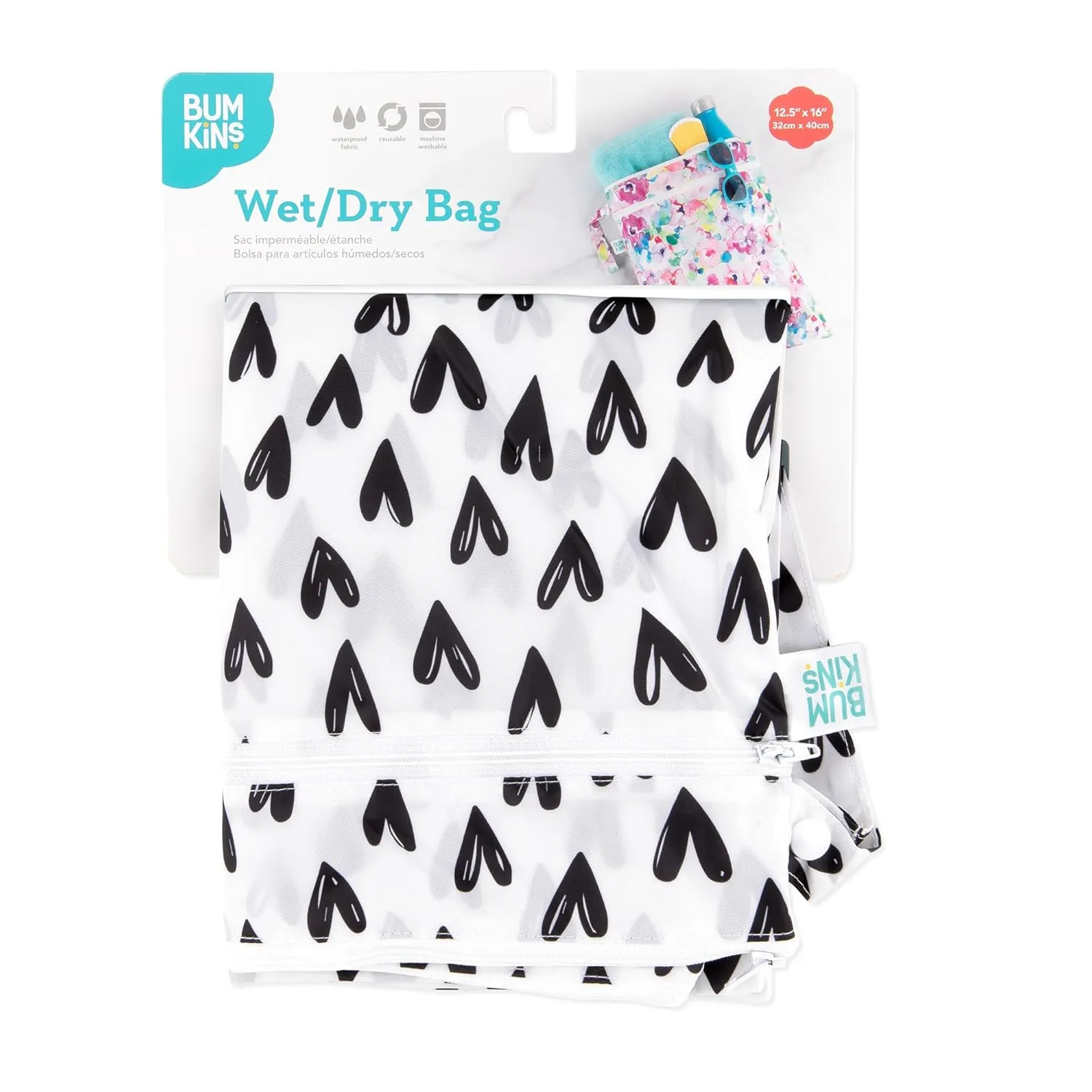 Bumkins Waterproof Wet Dry Bag for Baby, Travel, Swim Suit, Cloth Diapers, Pump Parts, Pool, Beach, Gym Clothes, Toiletry, Hook to Stroller, Daycare, Zipper Reusable Wetdry Packing Pouch, Black Hearts