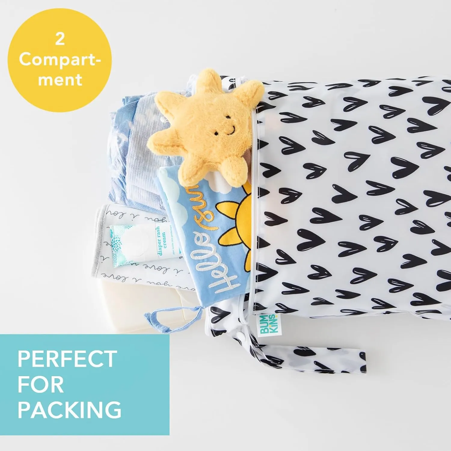 Bumkins Waterproof Wet Dry Bag for Baby, Travel, Swim Suit, Cloth Diapers, Pump Parts, Pool, Beach, Gym Clothes, Toiletry, Hook to Stroller, Daycare, Zipper Reusable Wetdry Packing Pouch, Black Hearts