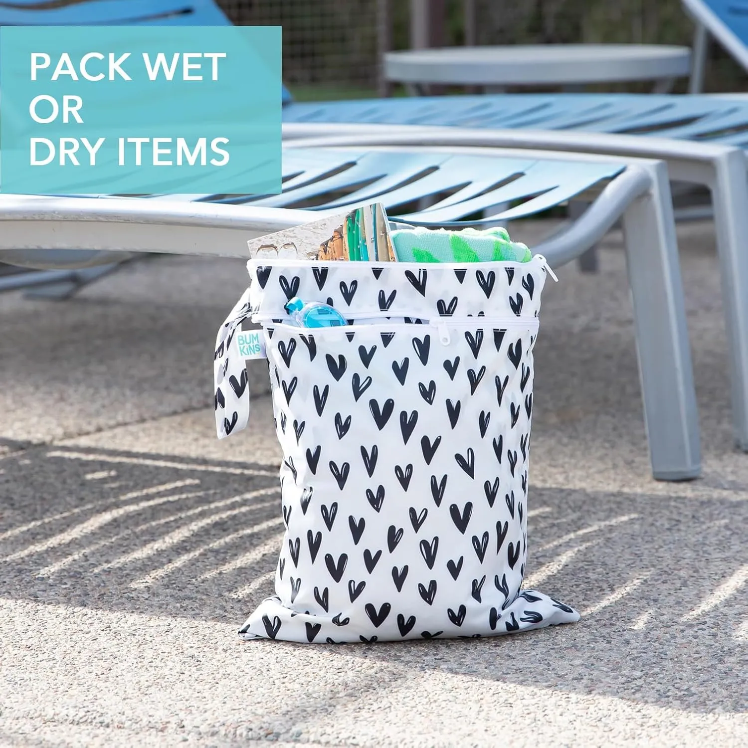 Bumkins Waterproof Wet Dry Bag for Baby, Travel, Swim Suit, Cloth Diapers, Pump Parts, Pool, Beach, Gym Clothes, Toiletry, Hook to Stroller, Daycare, Zipper Reusable Wetdry Packing Pouch, Black Hearts