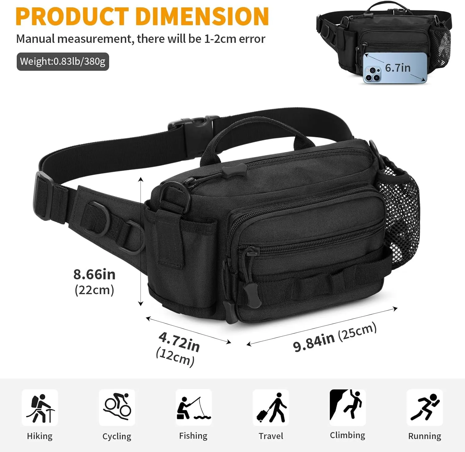 CamGo Tactical Fanny Pack Portable Military Waist Bum Bag for Men Women (#R-Black)