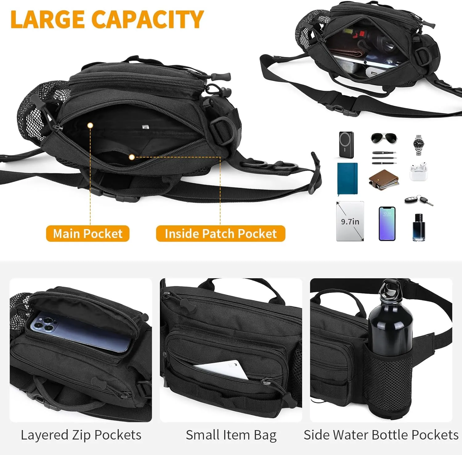 CamGo Tactical Fanny Pack Portable Military Waist Bum Bag for Men Women (#R-Black)