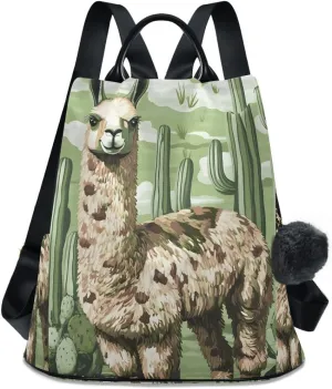Camo Llama and Cactus Green Women Backpack Purse Anti Theft Back Zipper Design Travel Bag