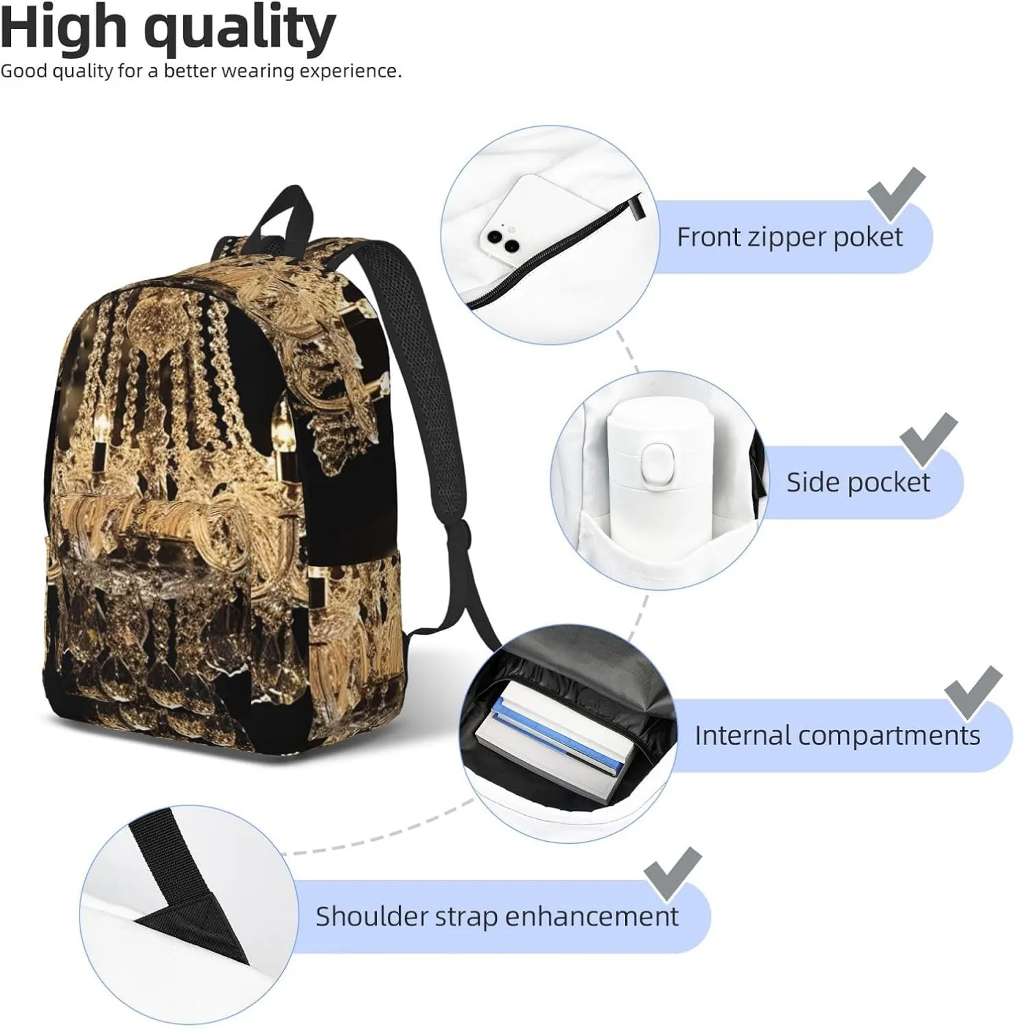 Canvas Backpack Gorgeous Crystal Chandelier Travel Laptop Backpack Casual Daypack Carry On Rucksack for Men Women Small