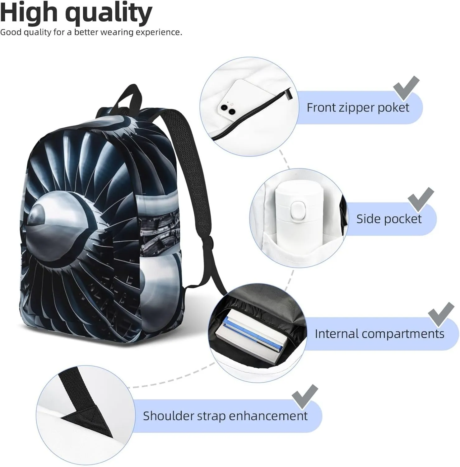 Canvas Backpack Jet Engine Travel Laptop Backpack Casual Daypack Carry On Rucksack for Men Women Small