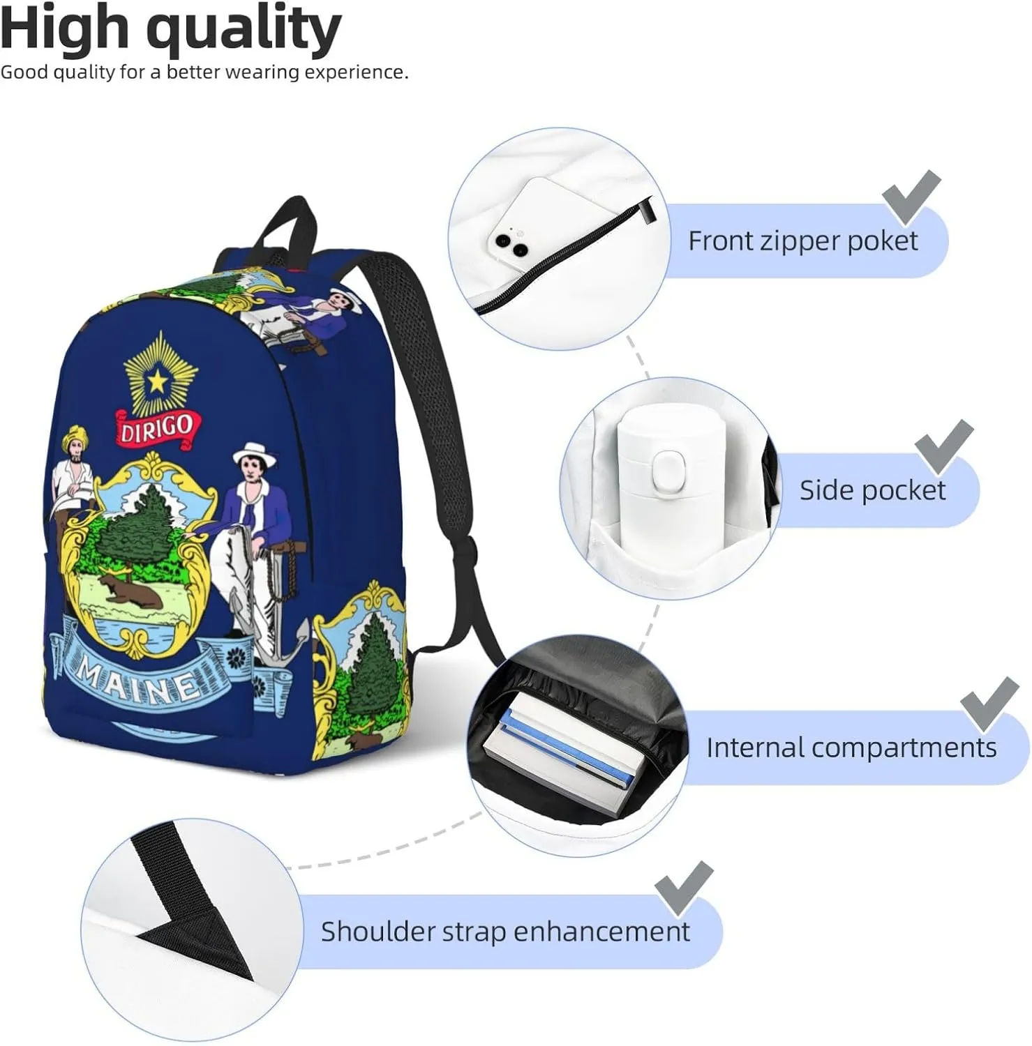 Canvas Fashions Maine State Flag Print Backpacks,Casual Lightweight Sports Rucksack Travel Multipurpose Bag