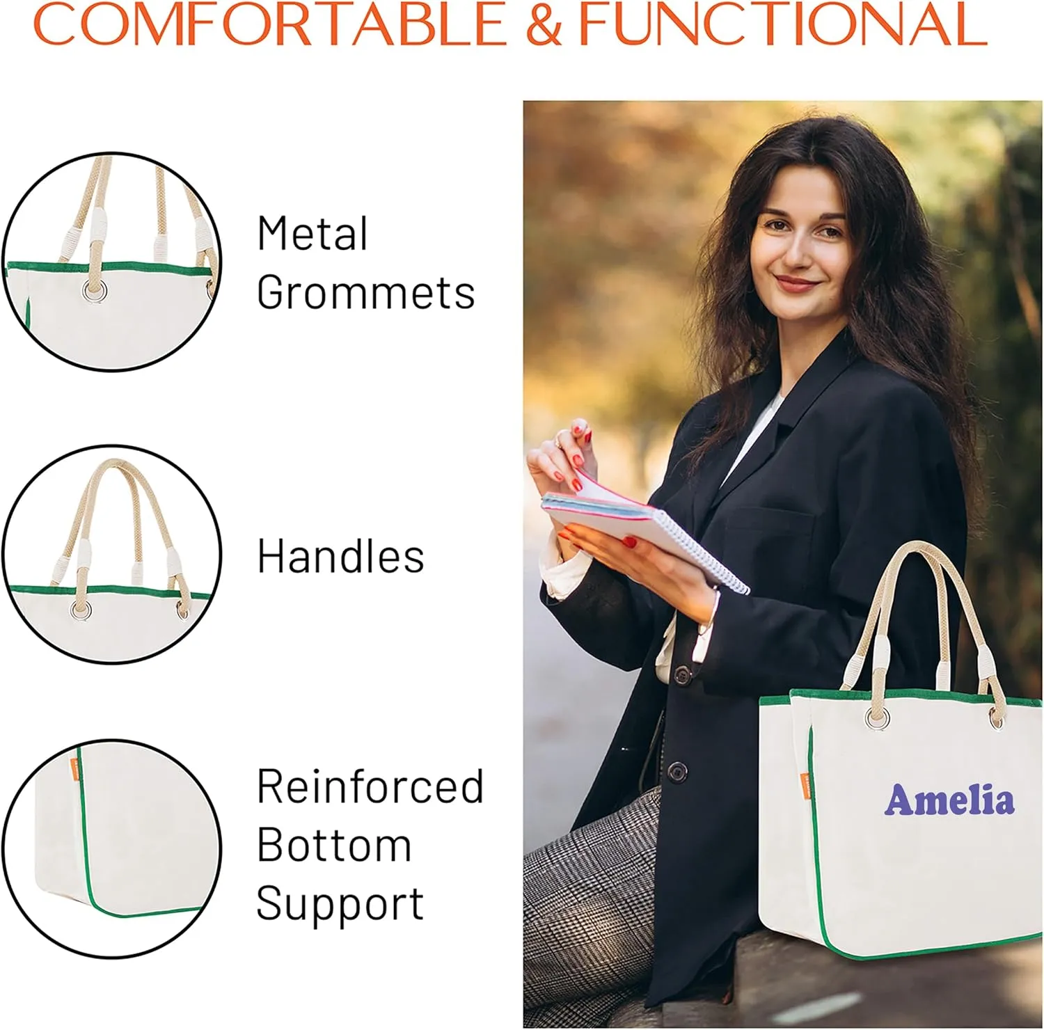 Canvas Rope Handle Tote Bag For Women - Metal Grommets - Perfect For Traveling, Groceries