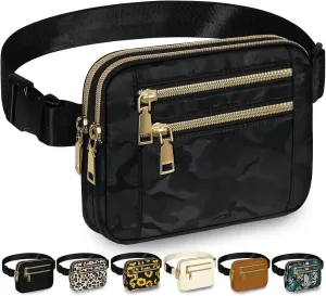Capolo Fanny Packs for Women Fashion Waist Packs Bag with Adjustable Strap and 4 Zipper Pockets Waterproof Everywhere Crossbody Belt Bag for Workout Running Travelling(Black Camo, Large)