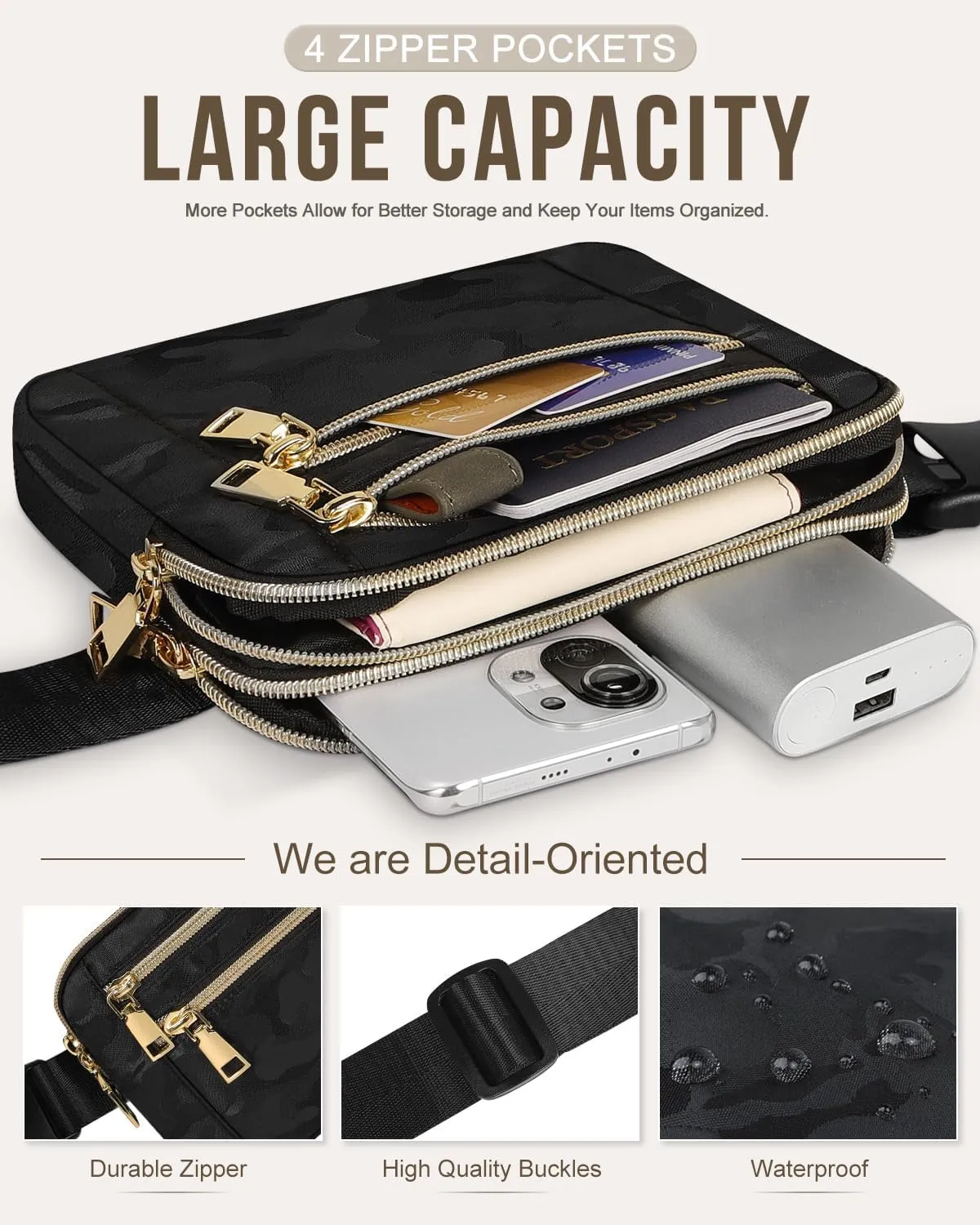 Capolo Fanny Packs for Women Fashion Waist Packs Bag with Adjustable Strap and 4 Zipper Pockets Waterproof Everywhere Crossbody Belt Bag for Workout Running Travelling(Black Camo, Large)
