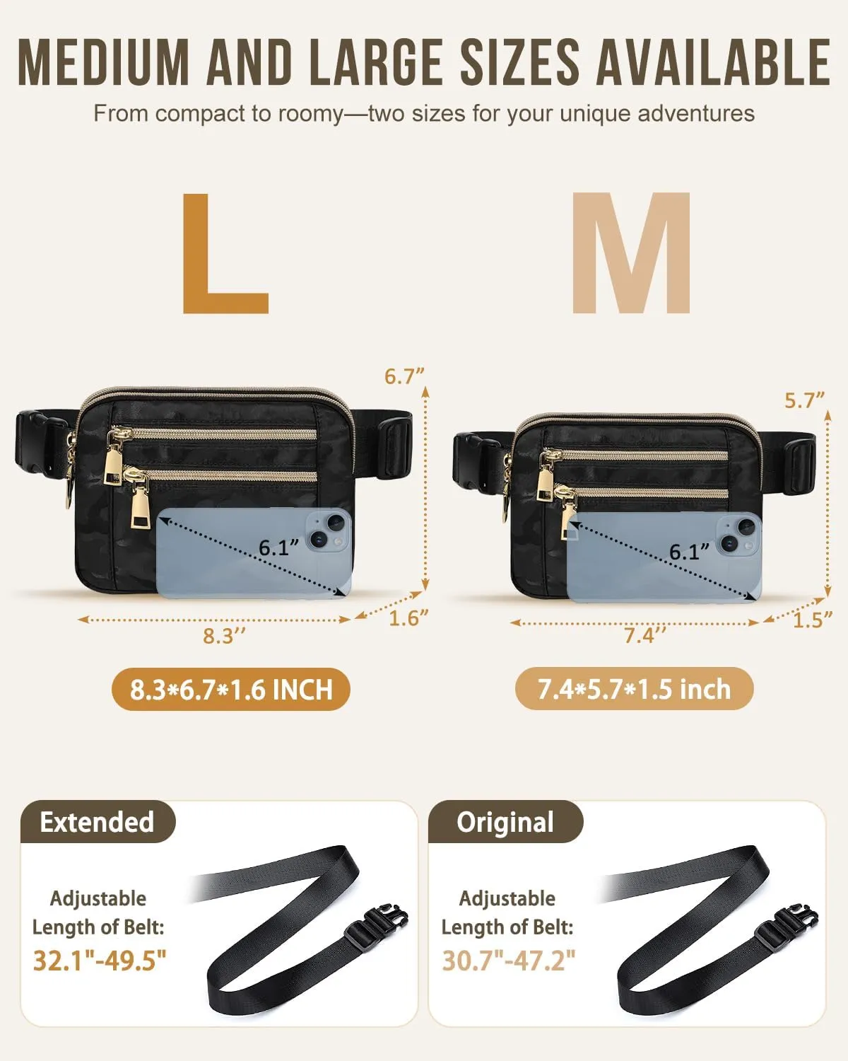 Capolo Fanny Packs for Women Fashion Waist Packs Bag with Adjustable Strap and 4 Zipper Pockets Waterproof Everywhere Crossbody Belt Bag for Workout Running Travelling(Black Camo, Large)