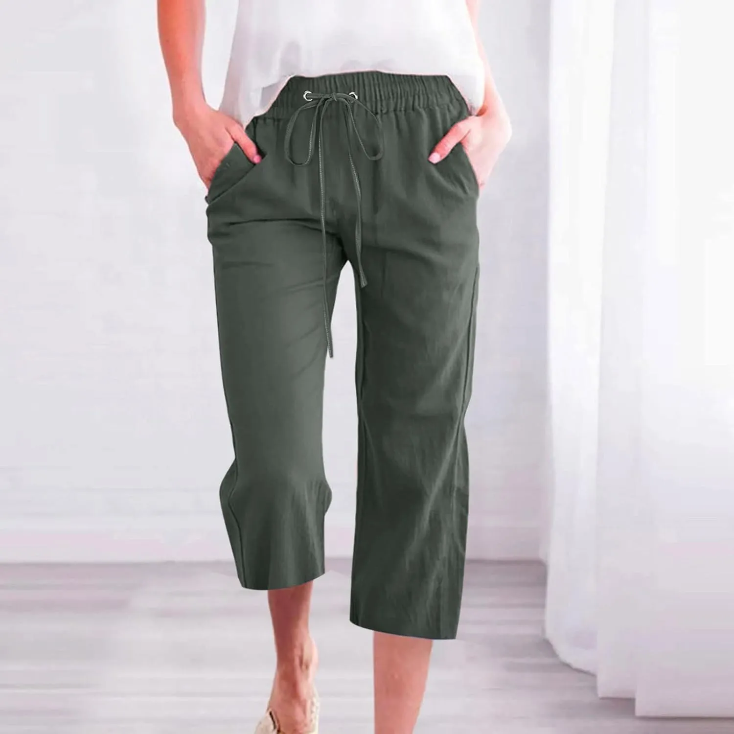 Capri Pants for Women Casual 2025 Summer Drawstring Elastic High Waist Linen Pants Wide Leg Plus Size Lounge Capris