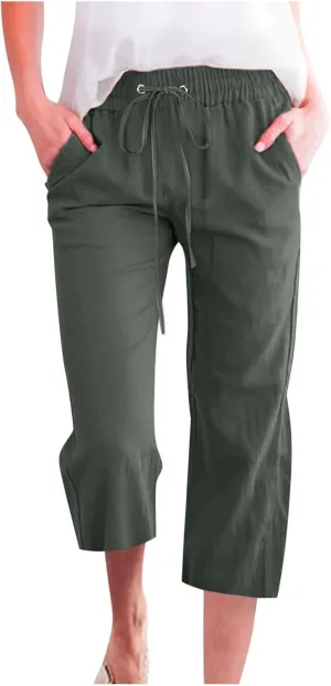 Capri Pants for Women Casual 2025 Summer Drawstring Elastic High Waist Linen Pants Wide Leg Plus Size Lounge Capris