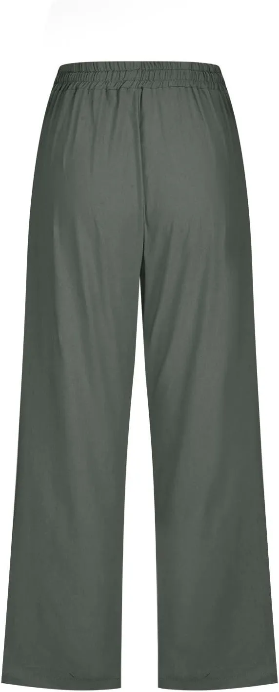 Capri Pants for Women Casual 2025 Summer Drawstring Elastic High Waist Linen Pants Wide Leg Plus Size Lounge Capris
