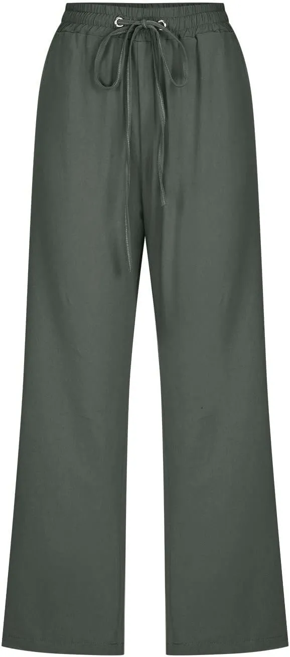 Capri Pants for Women Casual 2025 Summer Drawstring Elastic High Waist Linen Pants Wide Leg Plus Size Lounge Capris