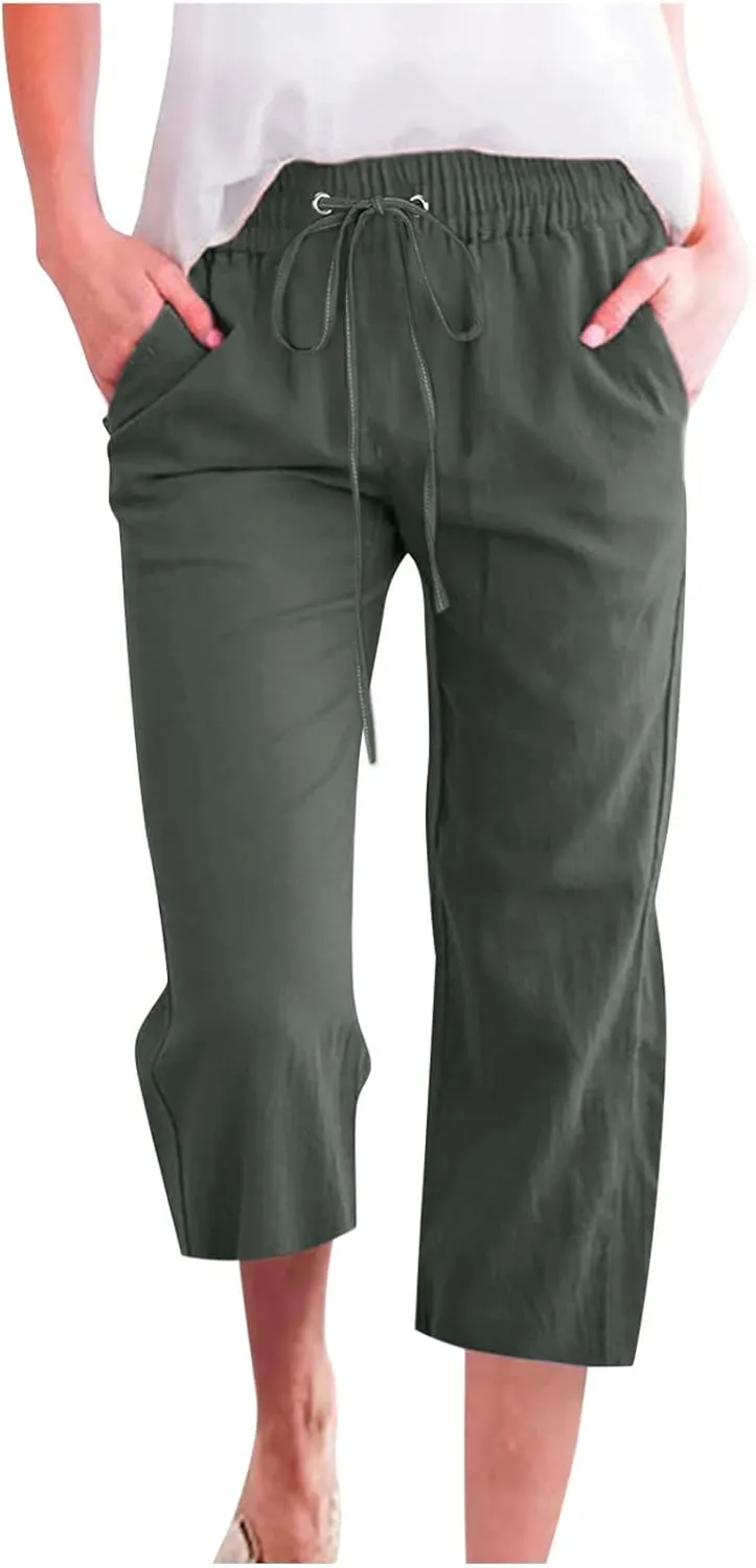 Capri Pants for Women Casual 2025 Summer Drawstring Elastic High Waist Linen Pants Wide Leg Plus Size Lounge Capris