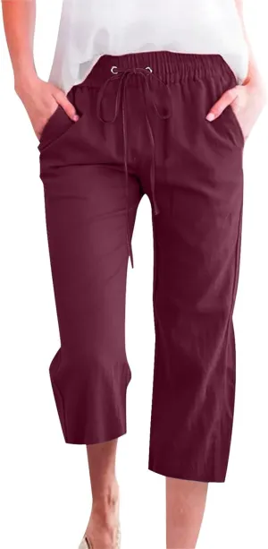 Capri Pants for Women Dressy 2025 Cotton Linen Summer Straight Wide Leg Drawstring Elastic Waist Cropped Trouser