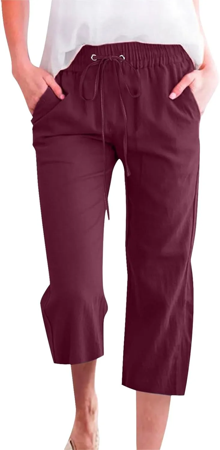 Capri Pants for Women Dressy 2025 Cotton Linen Summer Straight Wide Leg Drawstring Elastic Waist Cropped Trouser