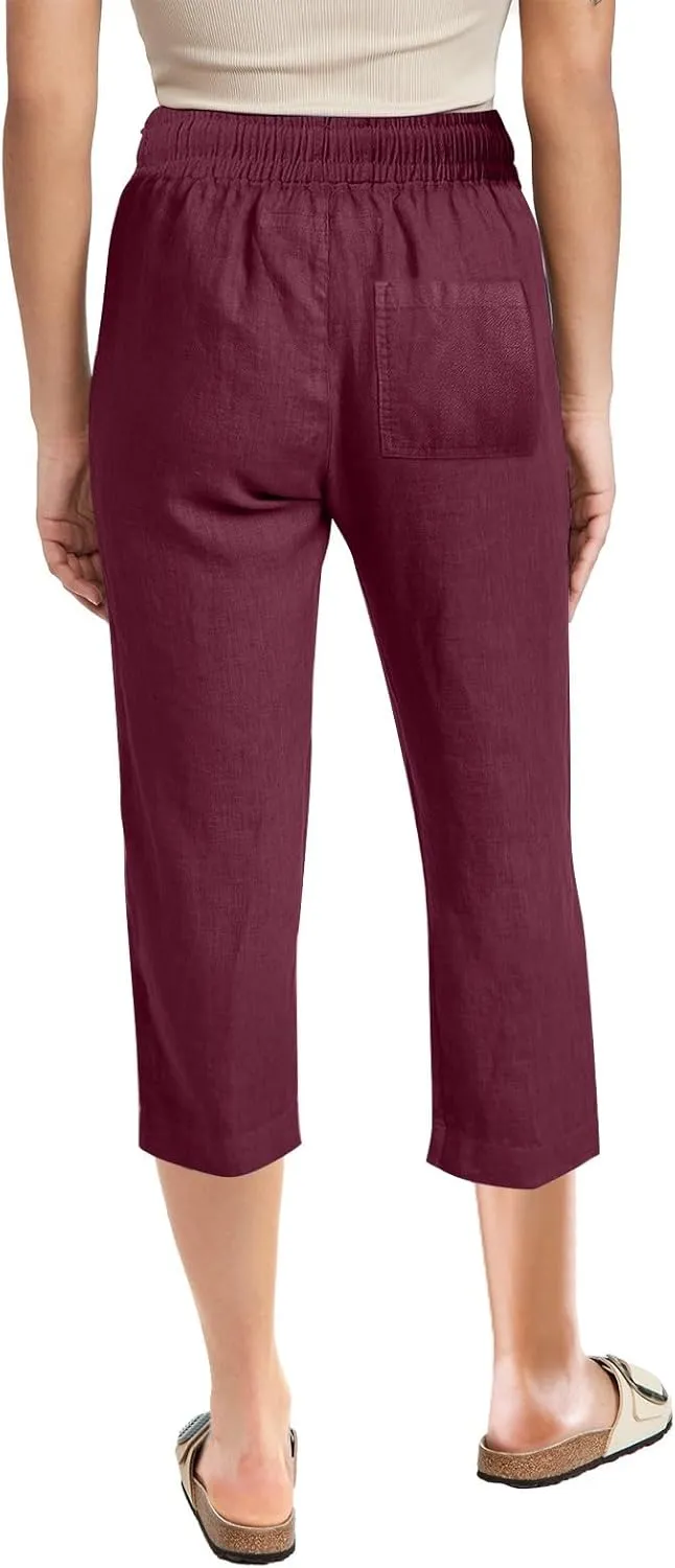 Capri Pants for Women Dressy 2025 Cotton Linen Summer Straight Wide Leg Drawstring Elastic Waist Cropped Trouser