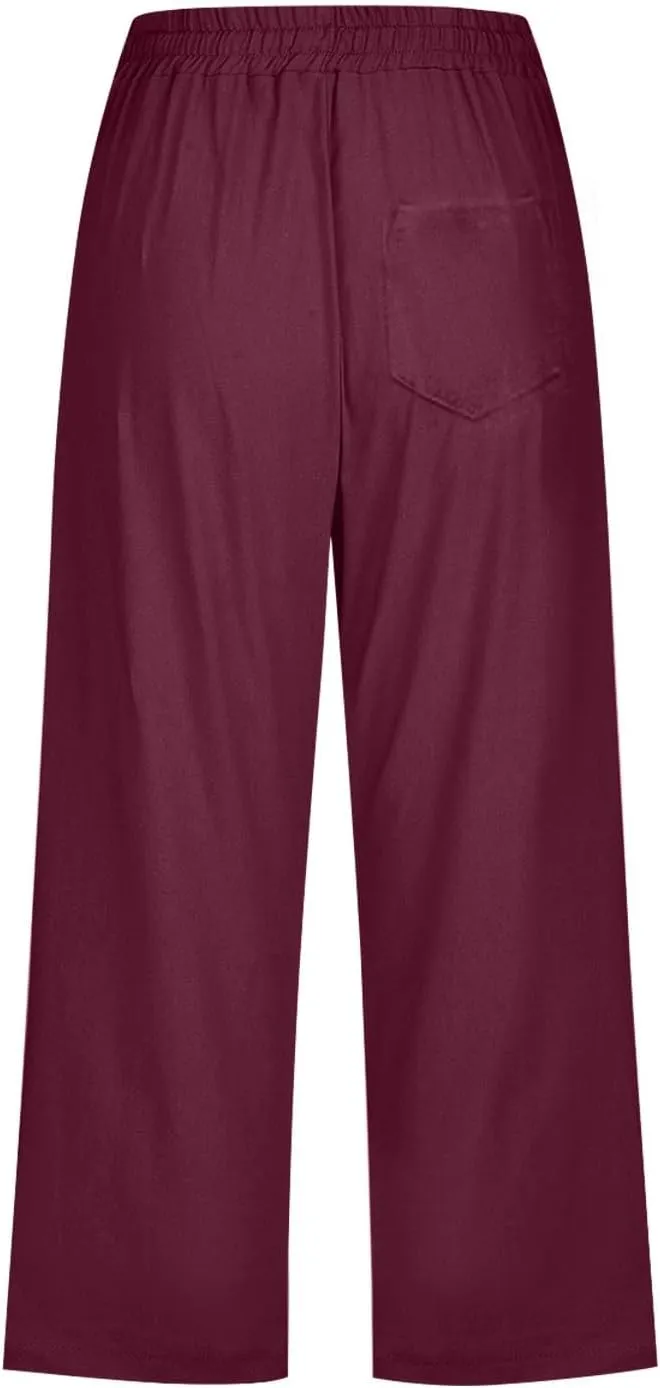 Capri Pants for Women Dressy 2025 Cotton Linen Summer Straight Wide Leg Drawstring Elastic Waist Cropped Trouser