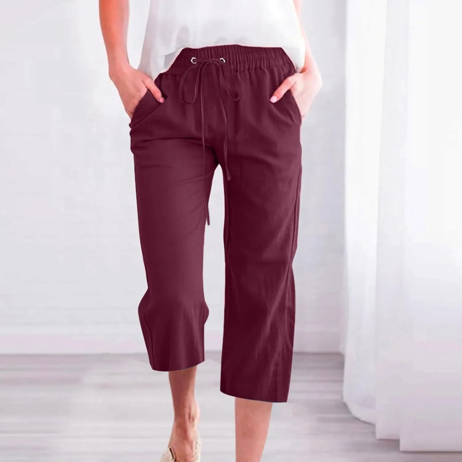 Capri Pants for Women Dressy 2025 Cotton Linen Summer Straight Wide Leg Drawstring Elastic Waist Cropped Trouser
