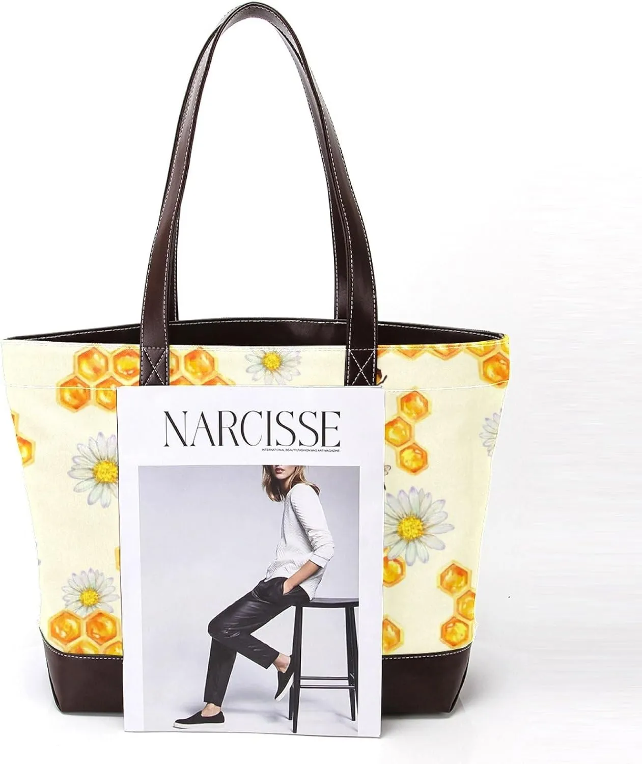 Cartoon Yellow Bee Flying Pattern Fashion Leather Purse Bag for Women Top Handle Ladies Shoulder Bags with Pockets Zipper