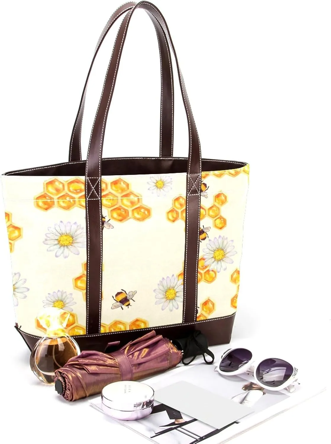 Cartoon Yellow Bee Flying Pattern Fashion Leather Purse Bag for Women Top Handle Ladies Shoulder Bags with Pockets Zipper