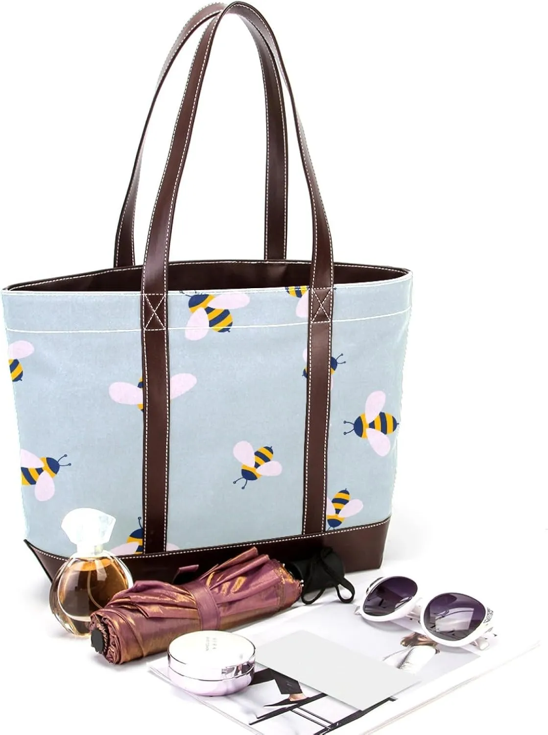 Cartoon Yellow Bee Flying Pattern Fashion Leather Purse Bag for Women Top Handle Ladies Shoulder Bags with Pockets Zipper