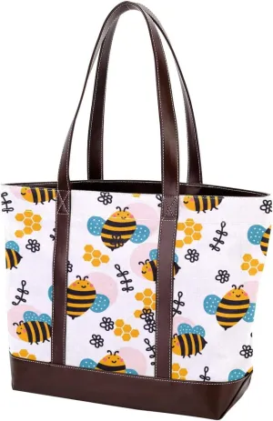 Cartoon Yellow Bee Flying Pattern Fashion Leather Purse Bag for Women Top Handle Ladies Shoulder Bags with Pockets Zipper