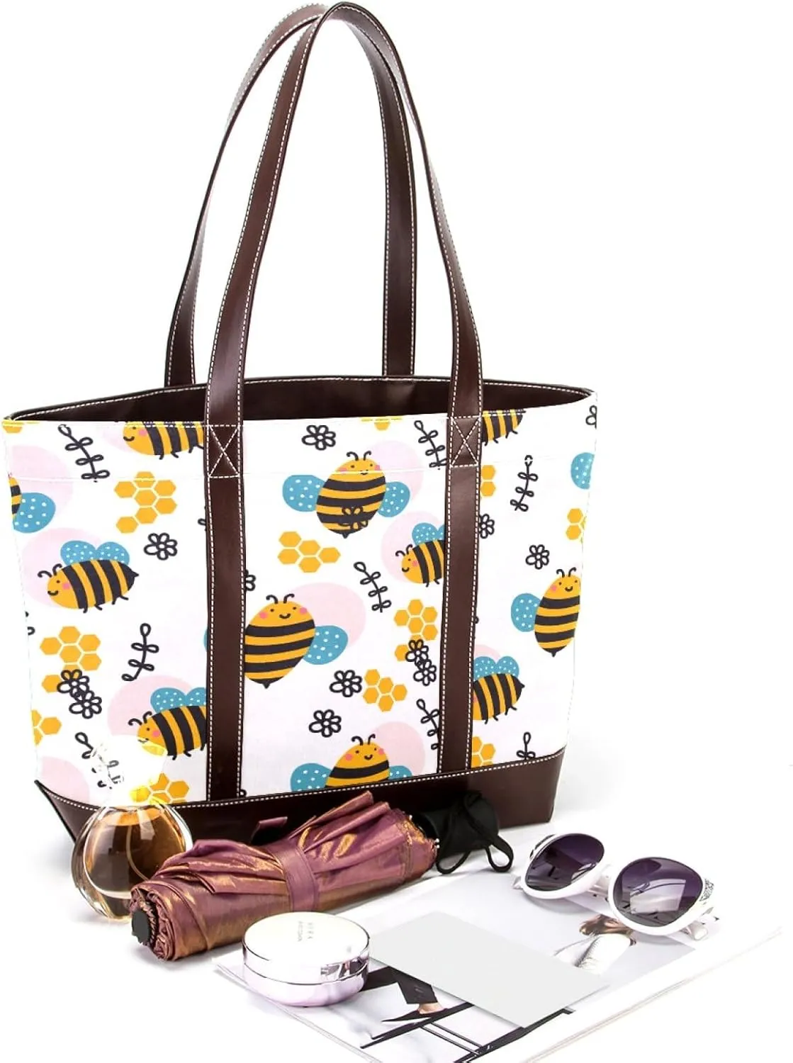 Cartoon Yellow Bee Flying Pattern Fashion Leather Purse Bag for Women Top Handle Ladies Shoulder Bags with Pockets Zipper