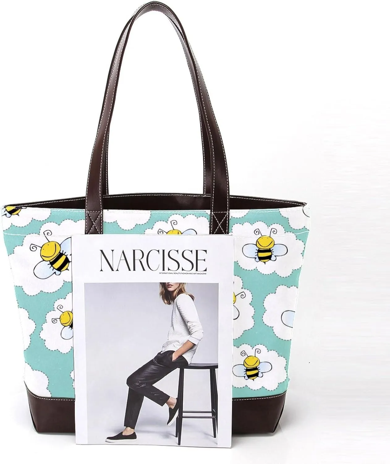Cartoon Yellow Bee Flying Pattern Fashion Leather Purse Bag for Women Top Handle Ladies Shoulder Bags with Pockets Zipper